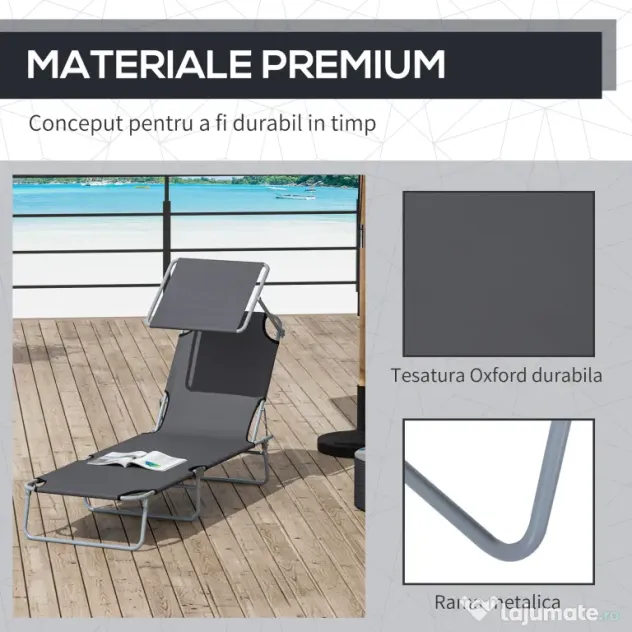 Outsunny scaun cu parasolar, 187x58x50 cm, gri