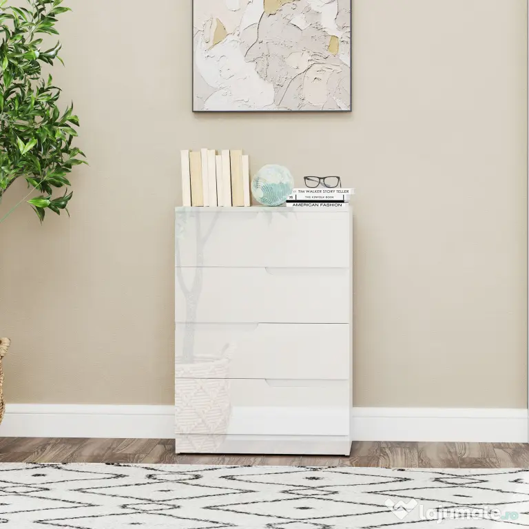 HOMCOM Comodă modernă și minimalistă cu 4 sertare din lemn, 60x40x85 cm, Alb Lucios