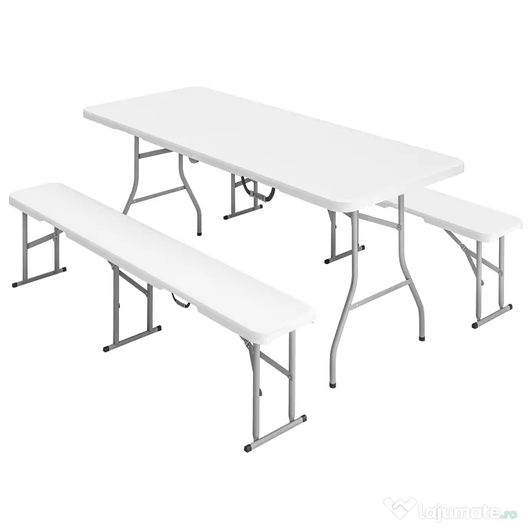 Set Outsunny de picnic pliabil cu 3 piese cu masă și 2 bănci din HDPE și metal, alb și gri deschis