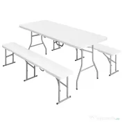 Set Outsunny de picnic pliabil cu 3 piese cu masă și 2 bănci din HDPE și metal, alb și gri deschis