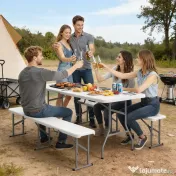Set Outsunny de picnic pliabil cu 3 piese cu masă și 2 bănci din HDPE și metal, alb și gri deschis