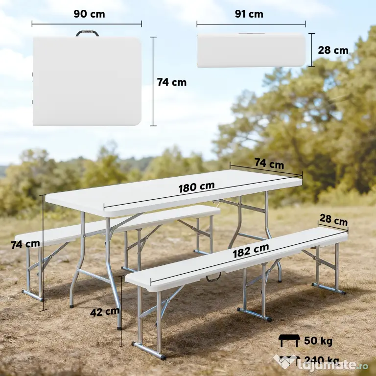 Set Outsunny de picnic pliabil cu 3 piese cu masă și 2 bănci din HDPE și metal, alb și gri deschis