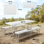 Set Outsunny de picnic pliabil cu 3 piese cu masă și 2 bănci din HDPE și metal, alb și gri deschis