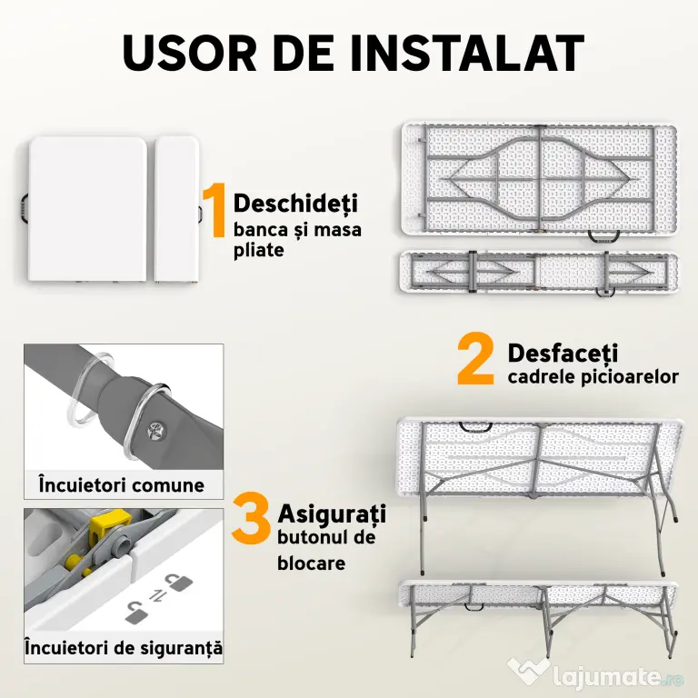 Set Outsunny de picnic pliabil cu 3 piese cu masă și 2 bănci din HDPE și metal, alb și gri deschis