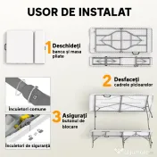 Set Outsunny de picnic pliabil cu 3 piese cu masă și 2 bănci din HDPE și metal, alb și gri deschis
