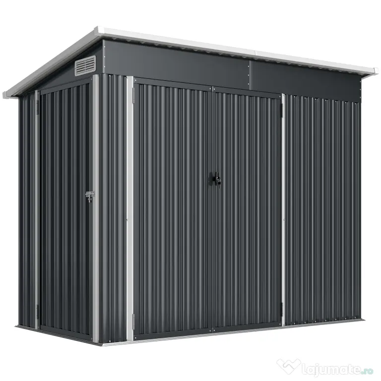 Outsunny Căsuță de Grădină 2.68m² din Oțel Galvanizat cu 3 Uși cu Încuietoare, Căsuță de Depozitare cu Fante de Ventilație, Acoperiș Înclinat și Mănuși, 234x132x185 cm, Gri Închis