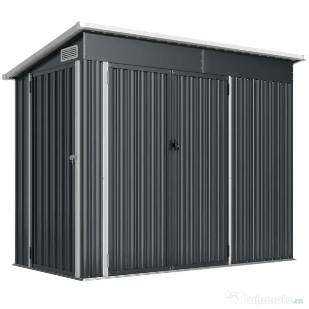 Outsunny Căsuță de Grădină 2.68m² din Oțel Galvanizat cu 3 Uși cu Încuietoare, Căsuță de Depozitare cu Fante de Ventilație, Acoperiș Înclinat și Mănuși, 234x132x185 cm, Gri Închis