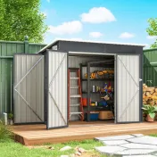Outsunny Căsuță de Grădină 2.68m² din Oțel Galvanizat cu 3 Uși cu Încuietoare, Căsuță de Depozitare cu Fante de Ventilație, Acoperiș Înclinat și Mănuși, 234x132x185 cm, Gri Închis