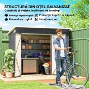 Outsunny Căsuță de Grădină 2.68m² din Oțel Galvanizat cu 3 Uși cu Încuietoare, Căsuță de Depozitare cu Fante de Ventilație, Acoperiș Înclinat și Mănuși, 234x132x185 cm, Gri Închis