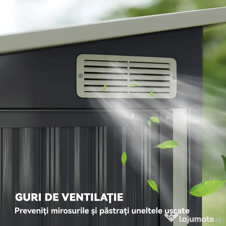 Outsunny Căsuță de Grădină 2.68m² din Oțel Galvanizat cu 3 Uși cu Încuietoare, Căsuță de Depozitare cu Fante de Ventilație, Acoperiș Înclinat și Mănuși, 234x132x185 cm, Gri Închis