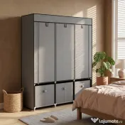 HOMCOM Dulap pliabil din material textil cu sertare și uși rulabile cu fermoar, 125x43x162,5cm, gri închis 