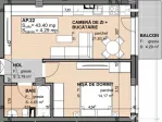 Apartament 2 camere semidecomandat 43.4 mp, Semifinisat, Est