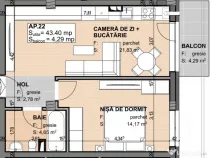 Apartament 2 camere semidecomandat 43.4 mp, Semifinisat, Est