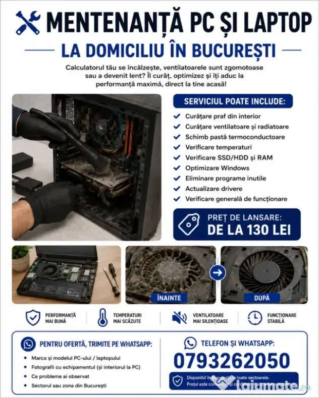 Mentenanță PC și laptop la domiciliu București – curățare și optimizare