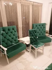 Canapea cu 2 fotolii verde smarald si Set 6 scaune se pot vinde separat 