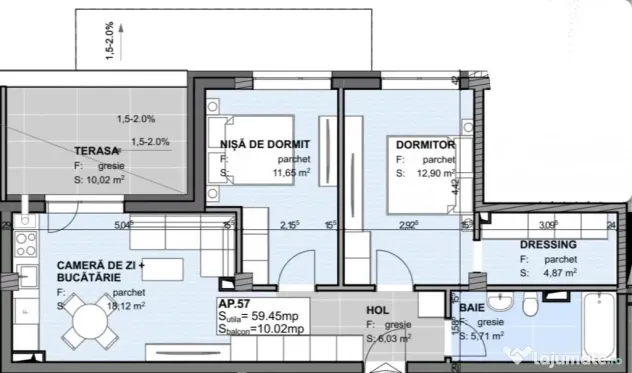 Apartament 3 camere semidecomandat 59.45mp, Semifinisat, Est - Apahida (Cluj)