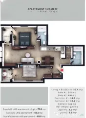 Apartament 3 camere, 69,1 mp | Zona Vivo | Floresti |