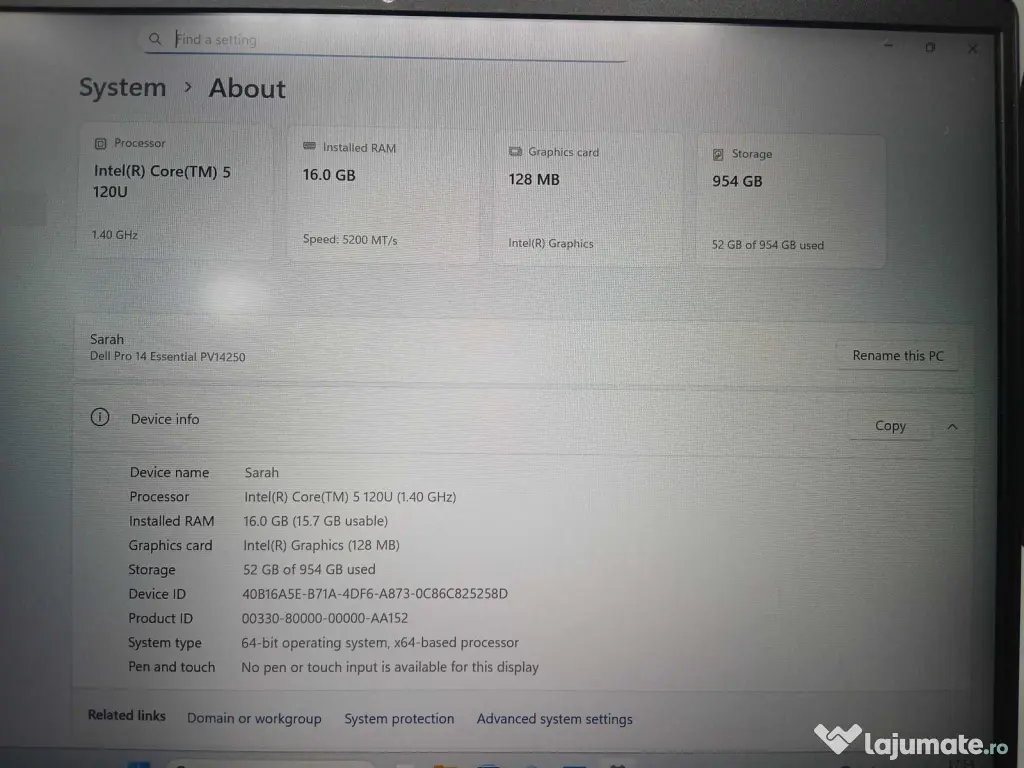 Dell Pro 14 Essential P185G Procesor: Intel Core 5-120U Ram: 16GB DDR5 Memorie: 1TB SSD ID_1891