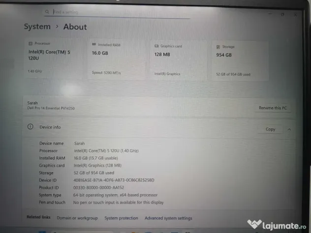 Dell Pro 14 Essential P185G Procesor: Intel Core 5-120U Ram: 16GB DDR5 Memorie: 1TB SSD ID_1891