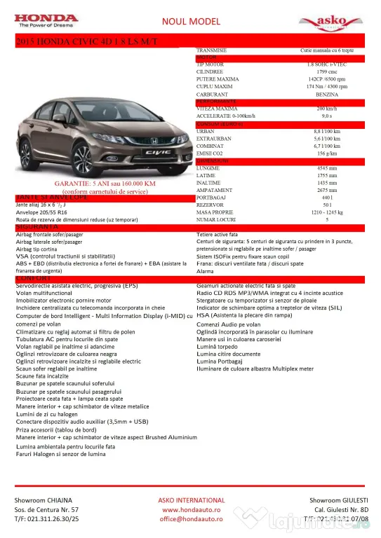 Vând Honda Civic 4D Sedan – 1.8 i-VTEC, 142 CP, Euro 6 – Unic proprietar