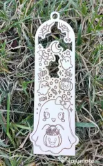 Semn de Carte Halloween din Lemn cu Fantomă, Dovleac și Lilieci – Model Cute