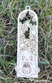 Semn de Carte Halloween din Lemn cu Fantomă, Dovleac și Lilieci – Model Cute 