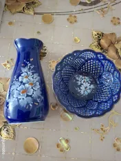 Vand vaza si cosulet din portelan albastru cibalt