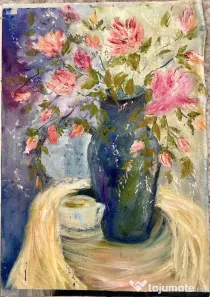 Tablou original floral clasic “Flori în vas de ceramică”