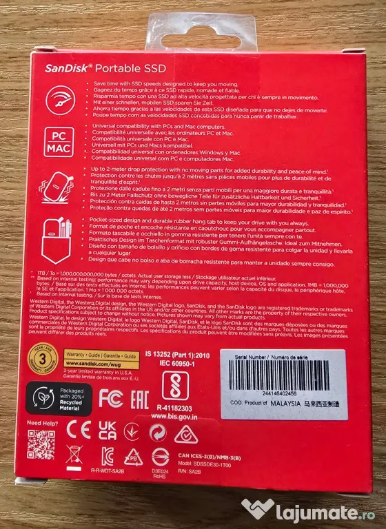 SSD Extern SanDisk Portable 1TB USB 3.2 Gen 2 - Sigilat
