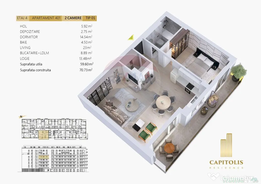 Apartament cu 2 camere, orientare E, etaj 4, Capitolis Re...