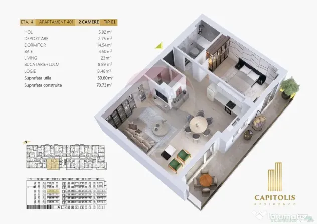 Apartament cu 2 camere, orientare E, etaj 4, Capitolis Re...