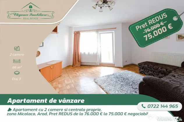 Apartament cu 2 camere și centrală proprie, zona Micalaca,