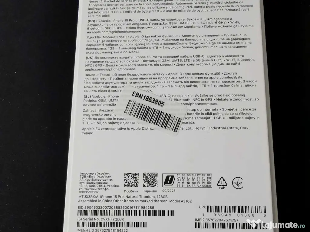 iPhone 15 Pro 128GB - Natural Titanium (Ca Nou) + 6 Huse Cadou