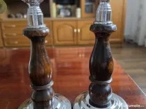 Pereche sfeșnice retro din lemn și crom, pentru lumânări groase (20 cm)