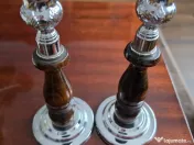 Pereche sfeșnice retro din lemn și crom, pentru lumânări groase (20 cm) 