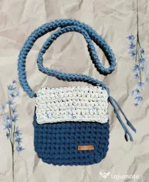 Geantă croșetată manual (Handmade) - Albastru & Alb, Model Unicat