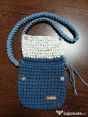 Geantă croșetată manual (Handmade) - Albastru & Alb, Model Unicat 