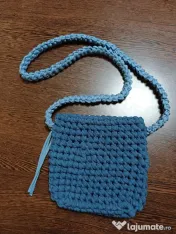 Geantă croșetată manual (Handmade) - Albastru & Alb, Model Unicat 