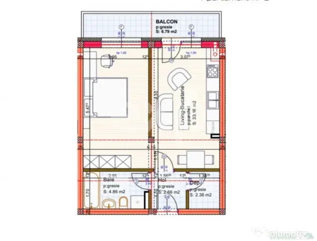 Apartament tip Studio cu balcon generos | 43 mp utili + 6,79