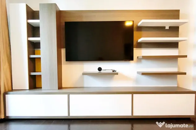 Corp mobilier living / bibliotecă TV – PAL Egger Stejar Cortina + alb – 270 cm