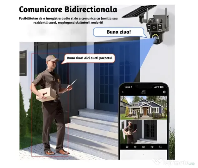Cameră de supraveghere 4G cu panou solar, 4 camere, zoom optic 10X, detecție