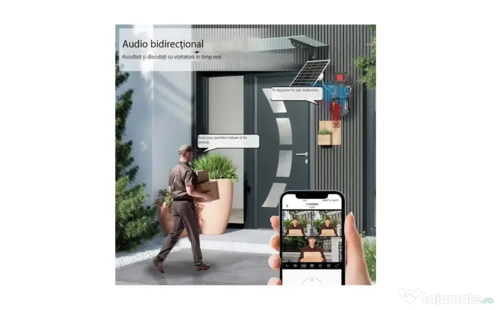 Cameră de supraveghere 4G cu panou solar, 4 camere, zoom optic 10X, detecție