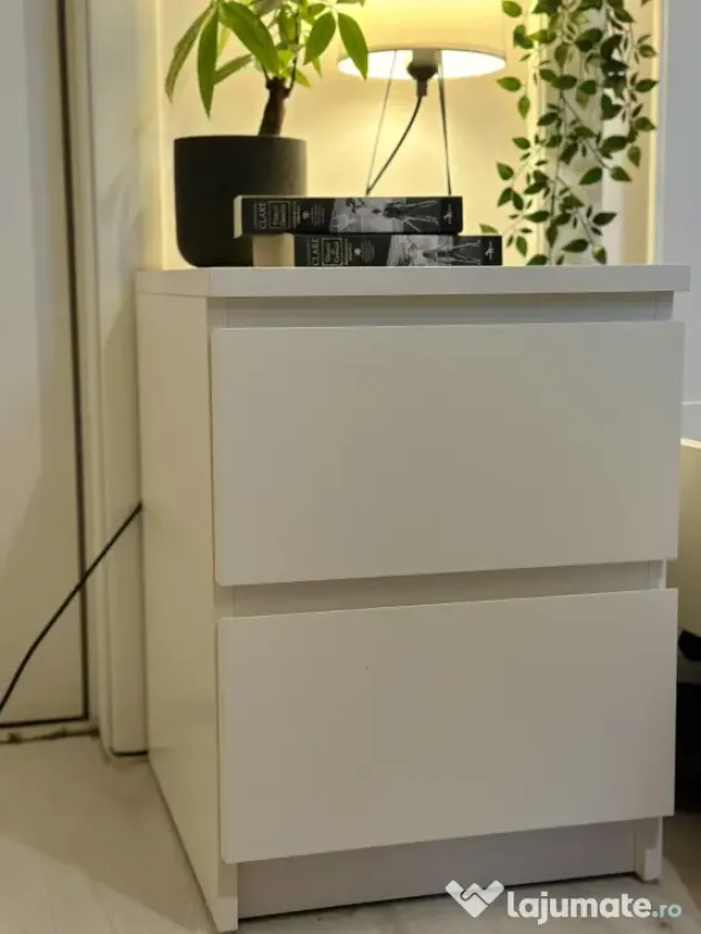 Pat IKEA SONGESAND 140x200 + saltea + noptiera MALM – ca nou, dormitor oaspeti