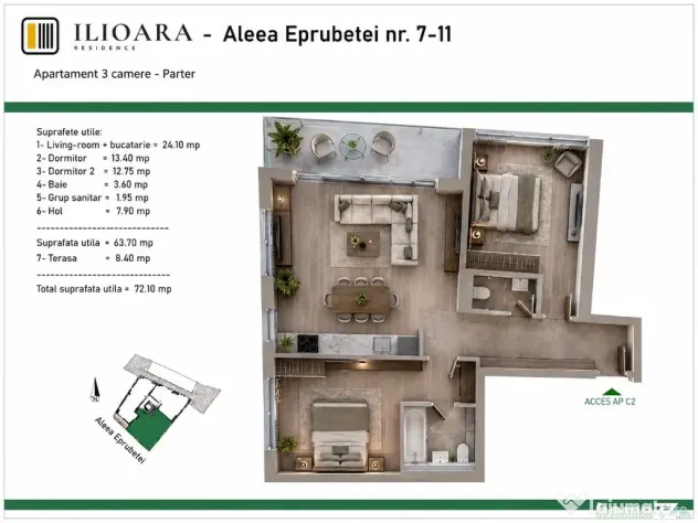 3 camere, 72 mp, 500 m metrou Nicolae Grigorescu (Ilioara), Park Lake