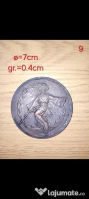 Medalie Plachetă veche cu dansator popular român, bronz patinat 