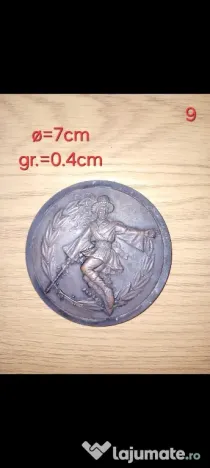 Medalie Plachetă veche cu dansator popular român, bronz patinat