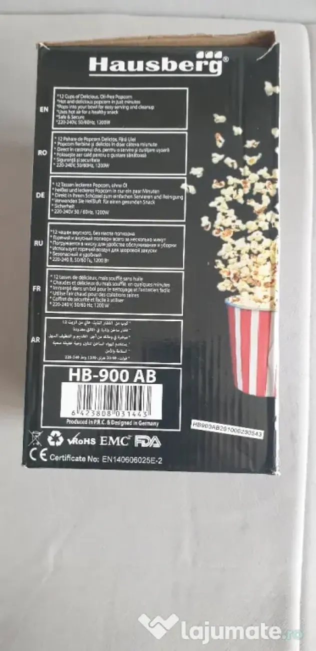 Aparat popcorn Hausberg HB-900AB, 1200 W, Buton PORNIT/OPRIT, Alb