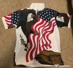 "4th July" Cotton Traders Polo Shirt Mens L Cream USA Flag American Eagle