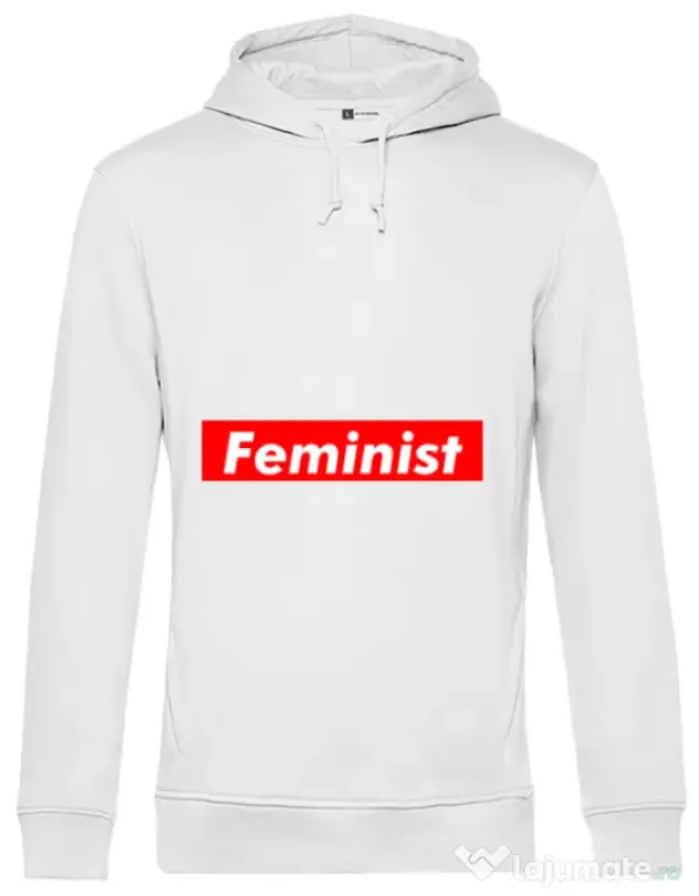 Hoodie barbat cu gluga Feminist Alb