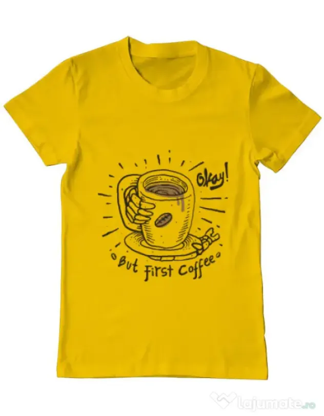 Tricou ADLER barbat Okay! But first coffee Galben